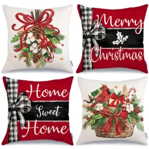 18x18 Inch Christmas Throw Pillow Cover Set of 4 Cardinal Mistletoe Winter
