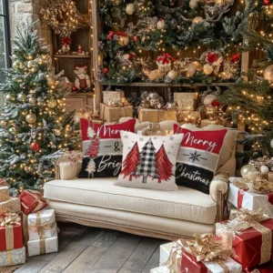 18x18 Inch Christmas Throw Pillow Cover Set of 4 Trees Balls Ornaments