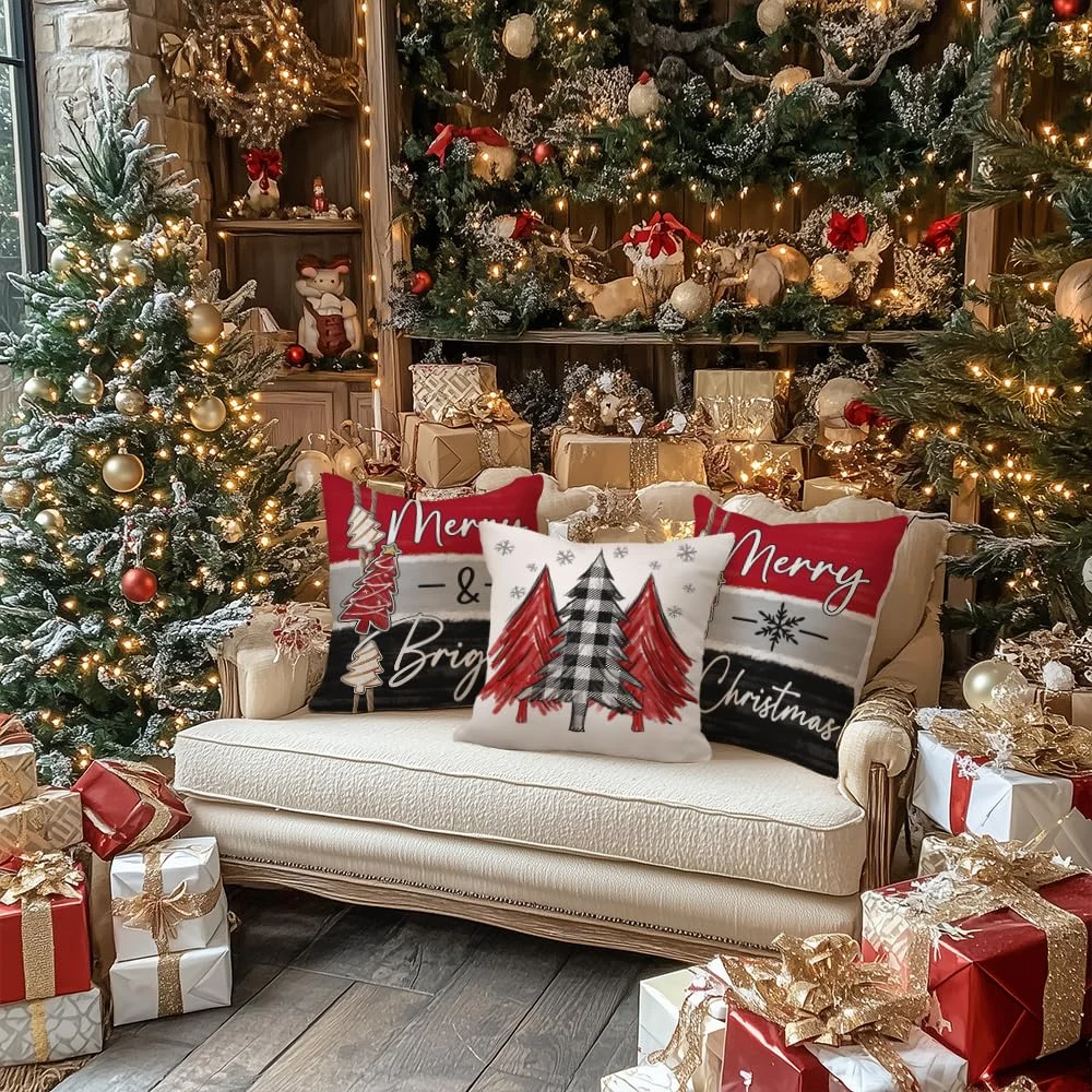 18x18 Inch Christmas Throw Pillow Cover Set of 4 Trees Balls Ornaments 18x18 Inch Christmas Throw Pillow Cover Set of 4 Trees Balls Ornaments