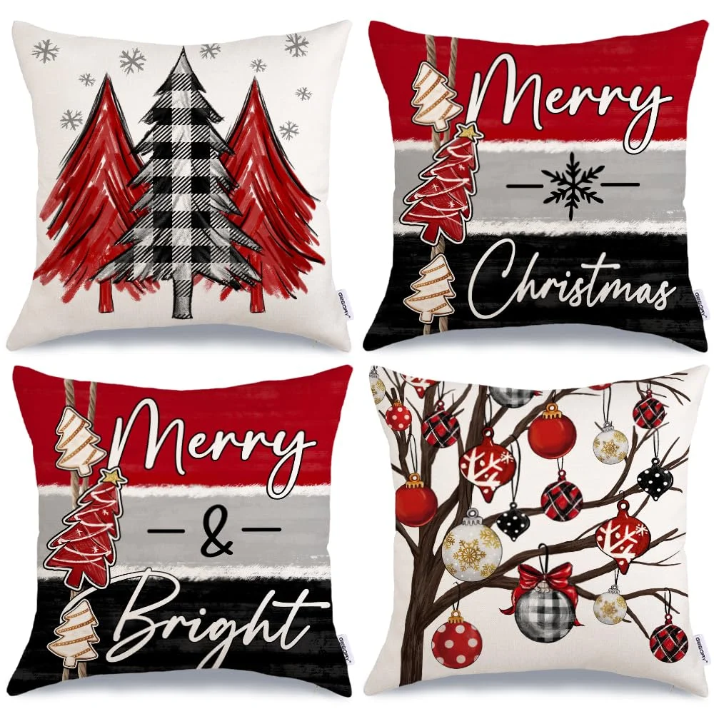 18x18 Inch Christmas Throw Pillow Cover Set of 4 Trees Balls Ornaments 18x18 Inch Christmas Throw Pillow Cover Set of 4 Trees Balls Ornaments