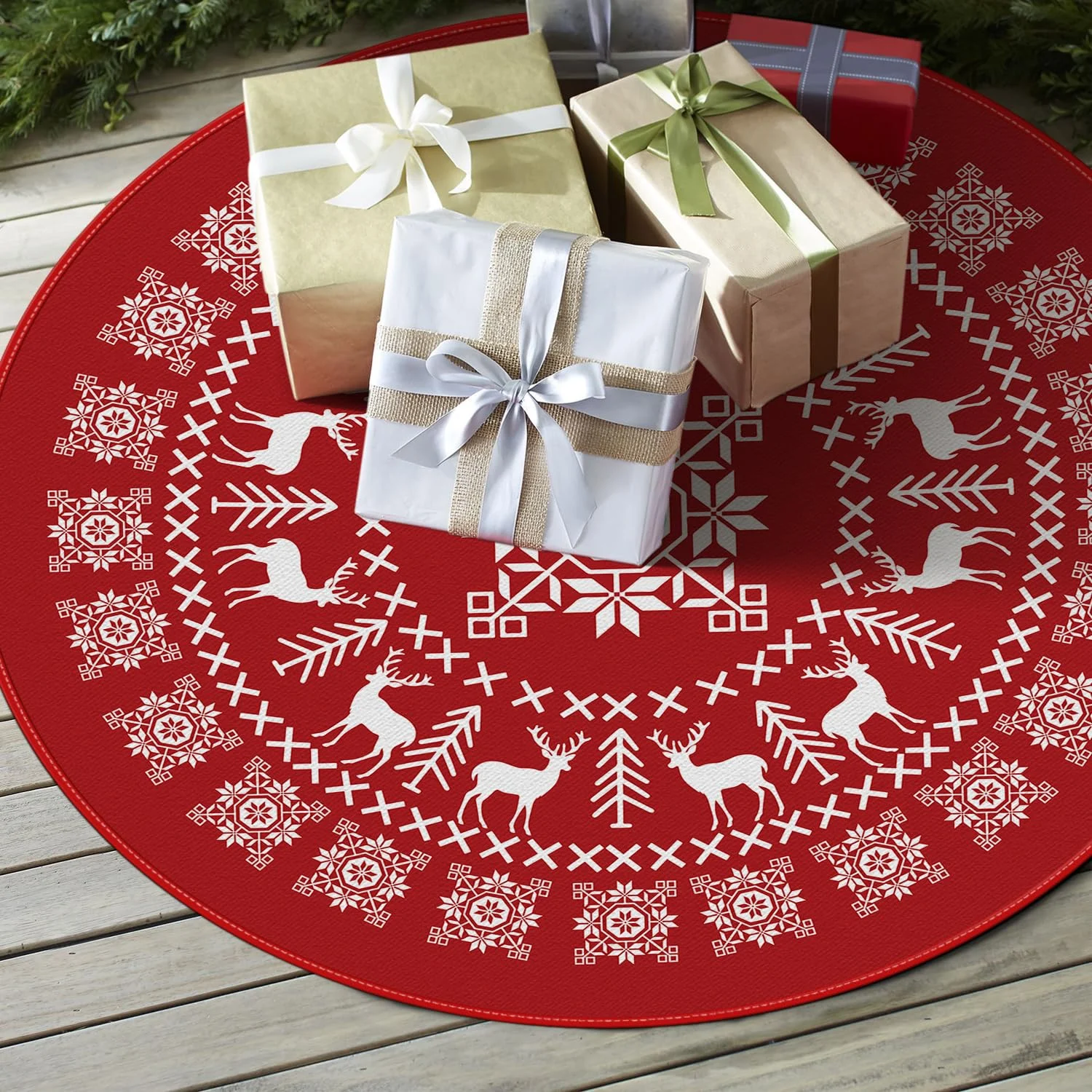 48 Inch Christmas Tree Skirt Reindeer & Snowflakes 48 Inch Christmas Tree Skirt Reindeer & Snowflakes