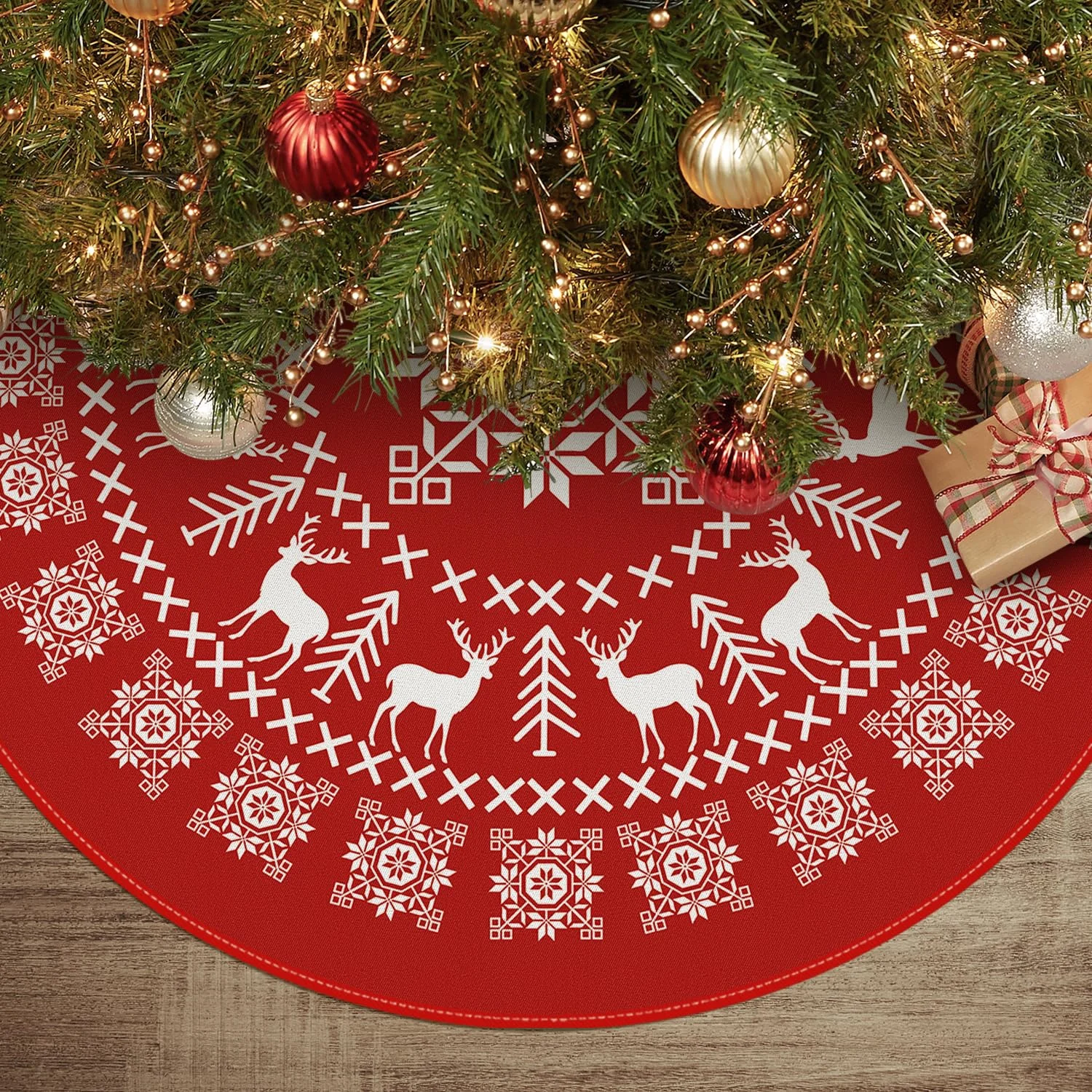 48 Inch Christmas Tree Skirt Reindeer & Snowflakes 48 Inch Christmas Tree Skirt Reindeer & Snowflakes