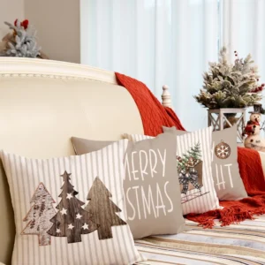 Brown Striped Christmas Throw Pillow Covers Set of 4 18x18 Inch Sleigh