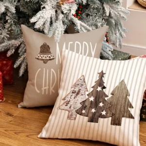 Brown Striped Christmas Throw Pillow Covers Set of 4 18x18 Inch Sleigh