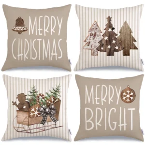 Brown Striped Christmas Throw Pillow Covers Set of 4 18x18 Inch Sleigh