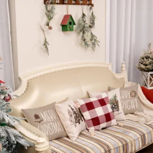 Brown Striped Christmas Throw Pillow Covers Set of 4 18x18 Inch Sleigh