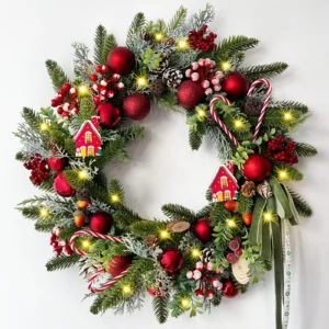 Christmas Wreath Gingerbread House Candy Cane and Red Berries