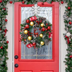 Christmas Wreath with Glitter Reindeer Frosted Pinecones and Berries