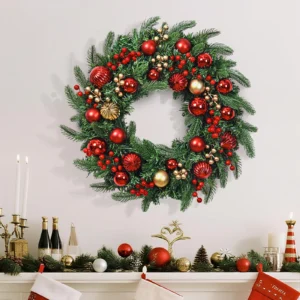 Christmas Wreath with Red Gold Baubles and Festive Berries