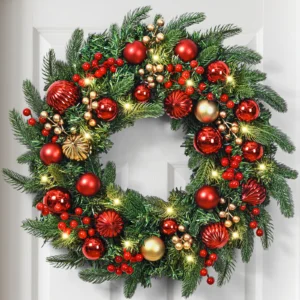 Christmas Wreath with Red Gold Baubles and Festive Berries