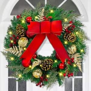 Christmas Wreath with Red Velvet Bow and Berries