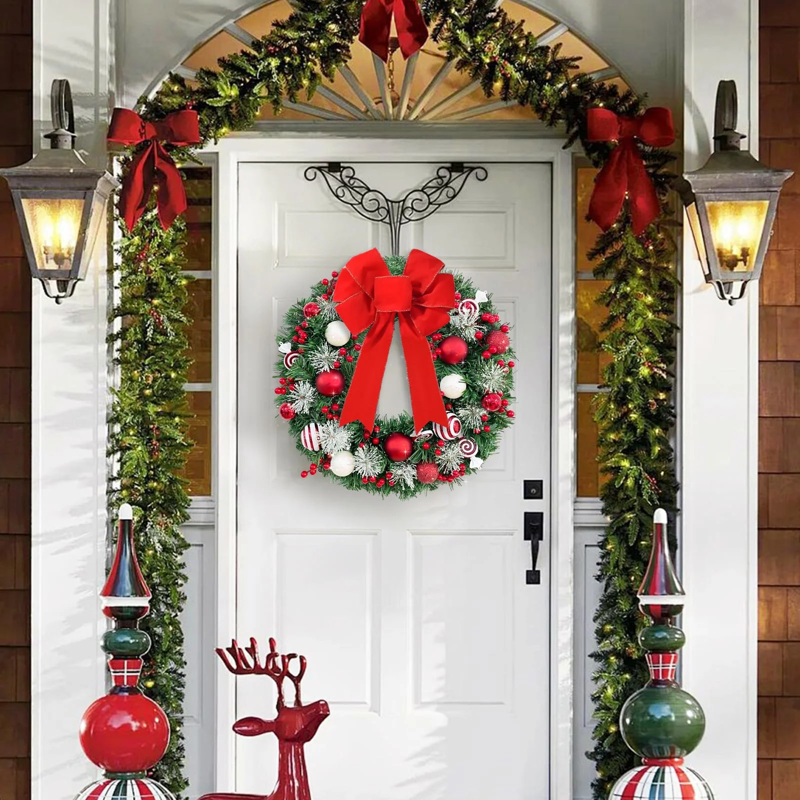 Christmas Wreath with Red Velvet Bow White & Candy Ornaments Christmas Wreath with Red Velvet Bow White & Candy Ornaments