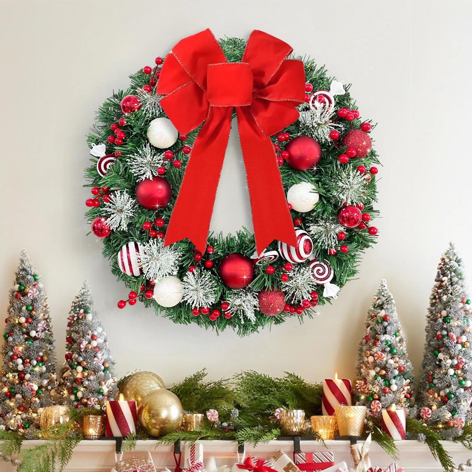 Christmas Wreath with Red Velvet Bow White & Candy Ornaments Christmas Wreath with Red Velvet Bow White & Candy Ornaments
