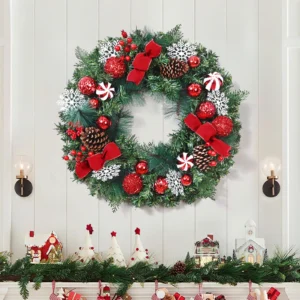 Christmas Wreath with Snowflake Candy Accents and Red Baubles