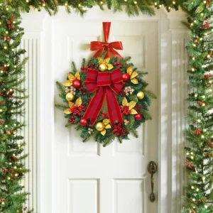 Christmas Wreath with Sparkling Gold Leaves Red Ornaments