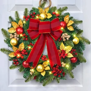 Christmas Wreath with Red Gold Baubles and Festive Berries