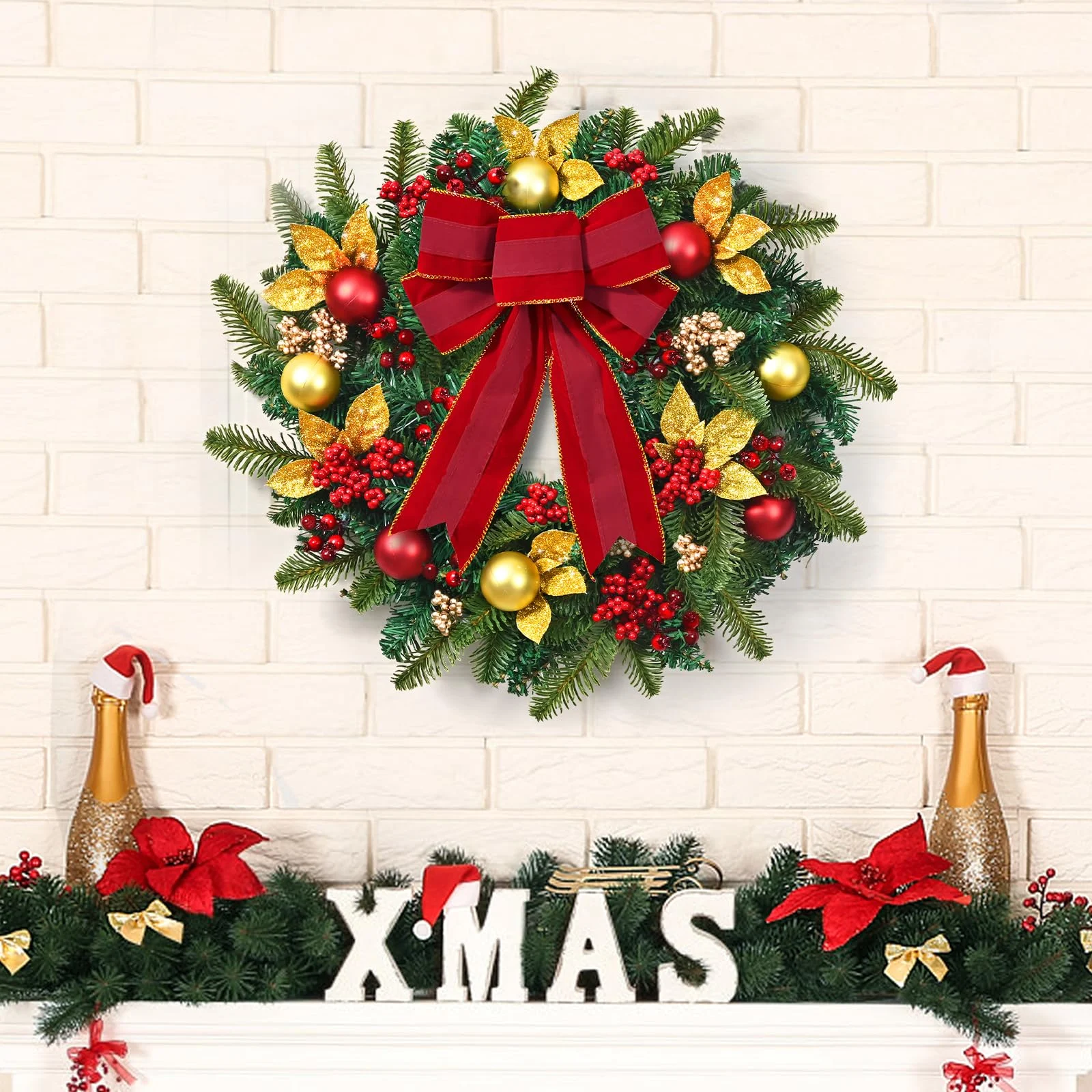 Christmas Wreath with Sparkling Gold Leaves Red Ornaments Christmas Wreath with Sparkling Gold Leaves Red Ornaments