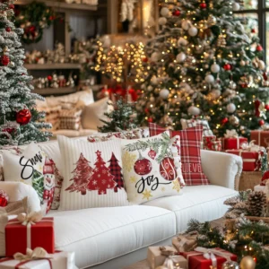 Farmhouse Christmas Tree Snowman Throw Pillow Covers Set 4 18x18 Inch