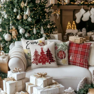 Farmhouse Christmas Tree Snowman Throw Pillow Covers Set 4 18x18 Inch