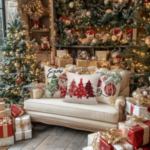 Farmhouse Christmas Tree Snowman Throw Pillow Covers Set 4 18x18 Inch