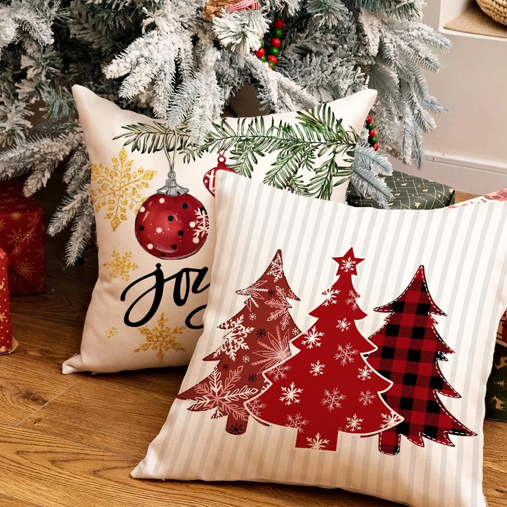 Farmhouse Christmas Tree Snowman Throw Pillow Covers Set 4 18x18 Inch Farmhouse Christmas Tree Snowman Throw Pillow Covers Set 4 18x18 Inch