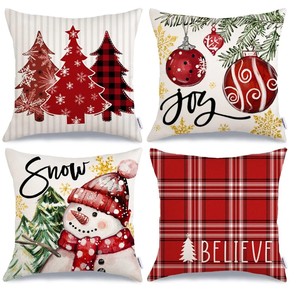 Farmhouse Christmas Tree Snowman Throw Pillow Covers Set 4 18x18 Inch Farmhouse Christmas Tree Snowman Throw Pillow Covers Set 4 18x18 Inch