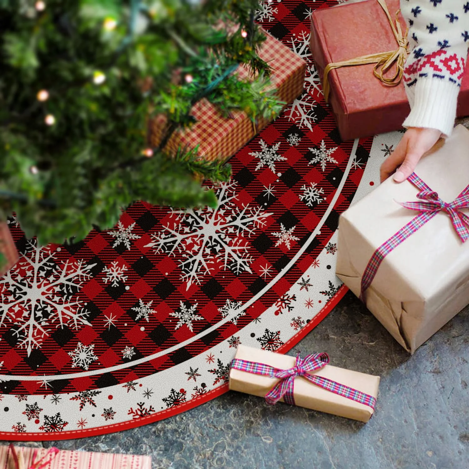 Holiday Red Plaid Snowflake 48 Inch Christmas Tree Skirt Holiday Red Plaid Snowflake 48 Inch Christmas Tree Skirt