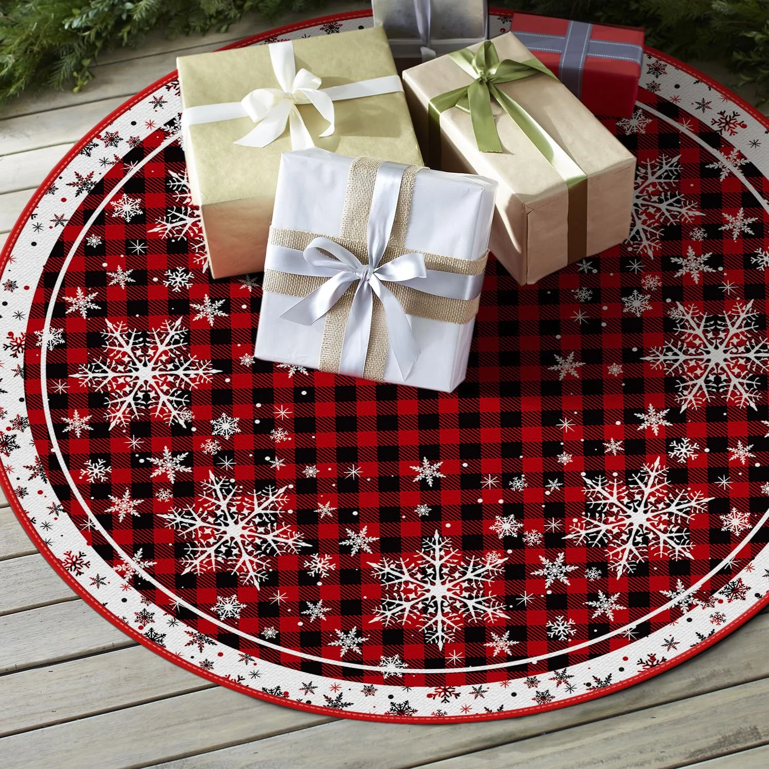 Holiday Red Plaid Snowflake 48 Inch Christmas Tree Skirt Holiday Red Plaid Snowflake 48 Inch Christmas Tree Skirt