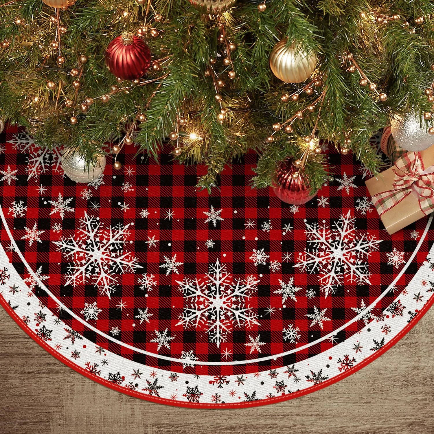 Holiday Red Plaid Snowflake 48 Inch Christmas Tree Skirt Holiday Red Plaid Snowflake 48 Inch Christmas Tree Skirt
