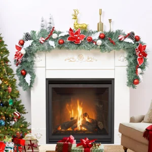 Long Flocked Christmas Garland with Poinsettia, Pinecones, and Balls Display