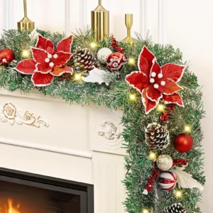 Long Flocked Christmas Garland with Poinsettia, Pinecones, and Balls Display