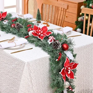 Long Flocked Christmas Garland with Poinsettia, Pinecones, and Balls Display