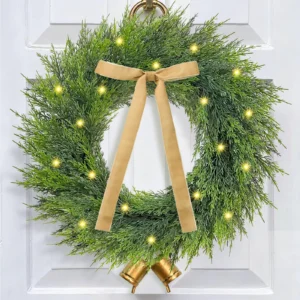 Norfolk Pine Christmas Wreath Golden Bow and Antique Bells