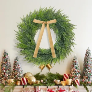 Norfolk Pine Christmas Wreath Golden Bow and Antique Bells