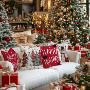 Set of 4 Christmas Plaid Tree Gnome Throw Pillow Covers 18x18 Inch