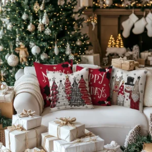 Set of 4 Christmas Plaid Tree Gnome Throw Pillow Covers 18x18 Inch