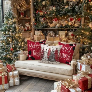 Set of 4 Christmas Plaid Tree Gnome Throw Pillow Covers 18x18 Inch