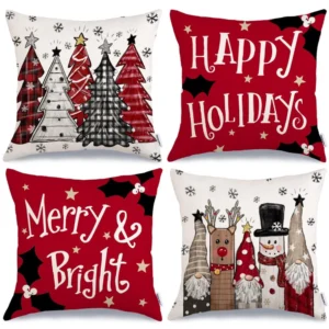 Set of 4 Christmas Plaid Tree Gnome Throw Pillow Covers 18x18 Inch