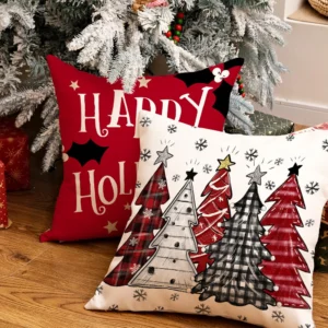 Set of 4 Christmas Plaid Tree Gnome Throw Pillow Covers 18x18 Inch