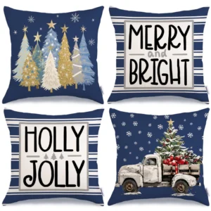 Set of 4 Christmas Throw Pillow Covers 18x18 Inch Merry Bright Truck