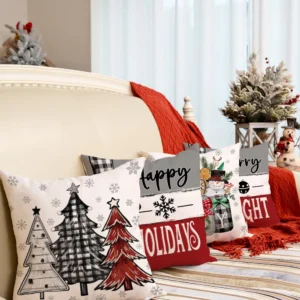 Set of 4 Christmas Throw Pillow Covers 18x18 Red Grey Mason Jars