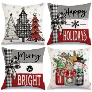 Set of 4 Christmas Throw Pillow Covers 18x18 Red Grey Mason Jars