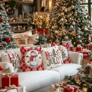 Set of 4 Holly Jolly Throw Pillow Covers 18x18 Inch Gingerbread