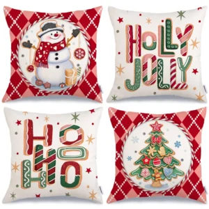 Set of 4 Holly Jolly Throw Pillow Covers 18x18 Inch Gingerbread